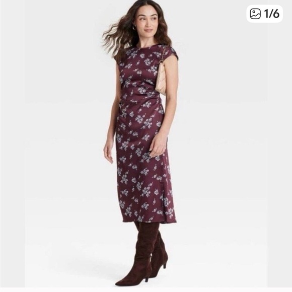a new day Dresses & Skirts - A New Day Women's Short Sleeve Ruched Midi Shift Dress Burgundy Floral Size L